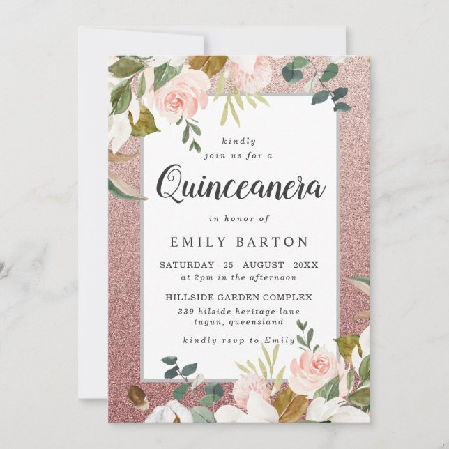 Invitación Rosa Gold Purpurina Rubor Floral Quinceanera moder (Anverso)
