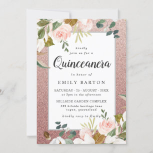 Invitación Rosa Gold Purpurina Rubor Floral Quinceanera moder