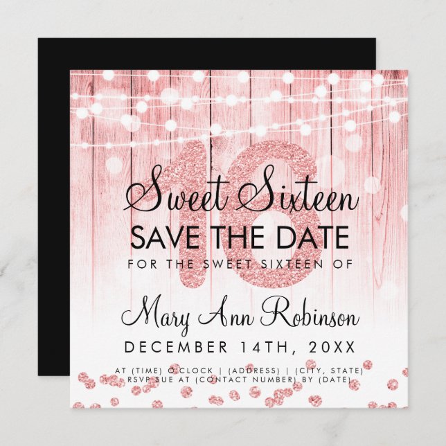 Invitación Rosa Gold Purpurina String Lights Sweet 16 Save Da (Anverso / Reverso)