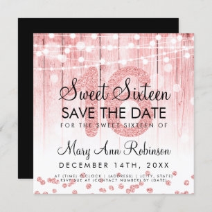 Invitación Rosa Gold Purpurina String Lights Sweet 16 Save Da
