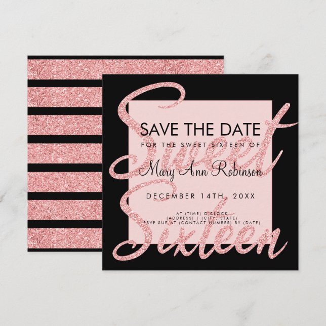 Invitación Rosa Gold Purpurina Sweet 16 Guardar La Fecha Negr (Anverso / Reverso)