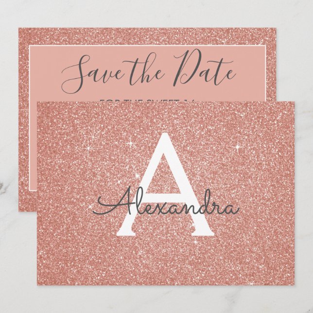 Invitación Rosa Gold Purpurina Sweet 16 Save the Date (Anverso / Reverso)