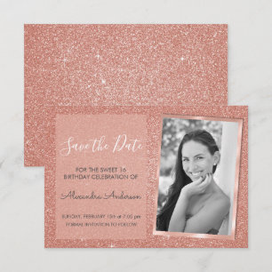Invitación Rosa Gold Purpurina Sweet 16 Save the Date