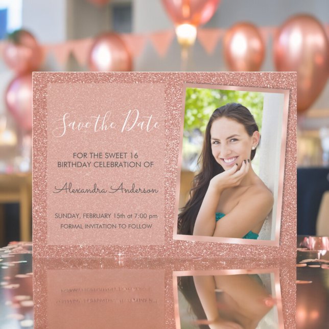 Invitación Rosa Gold Purpurina Sweet 16 Save the Date (Subido por el creador)