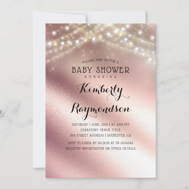 Invitación Rosa Gold Purpurina y Sring Lights Baby Shower (Anverso)