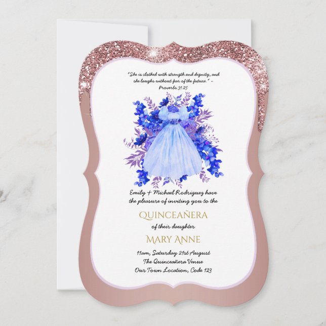 Invitación Rosa Gold Quinceañera AZUL Floral Elegante (Anverso)