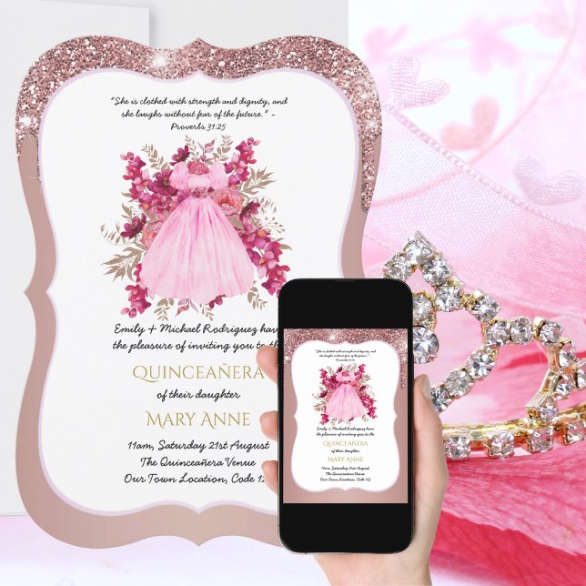 Invitación Rosa Gold Quinceañera Floral rosa elegante (Subido por el creador)