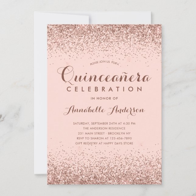 Invitación Rosa Gold Quinceañera Purpurina Elegante Cumpleaño (Anverso)