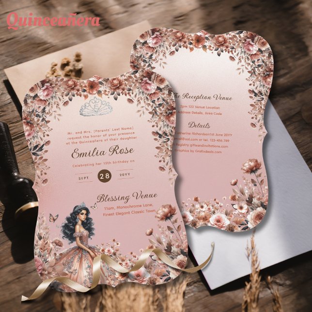 Invitación Rosa Gold Quinceanera Vestidos Rosas Florales (Subido por el creador)