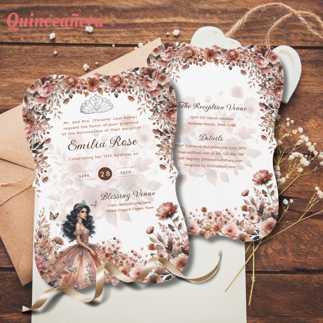Invitación Rosa Gold Quinceanera Vestidos Rosas Florales (Subido por el creador)
