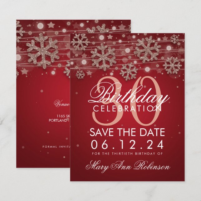 Invitación Rosa Gold Red 30 cumpleaños Save Date Winter (Anverso / Reverso)