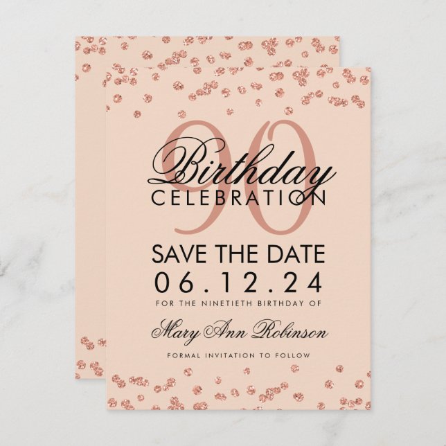 Invitación Rosa Gold Rubor 90th Birthday Save Date Confetti (Anverso / Reverso)