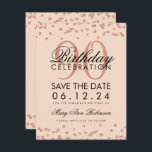 Invitación Rosa Gold Rubor 90th Birthday Save Date Confetti<br><div class="desc">Elegante diseño "Novena Fiesta de Cumpleaños" con el Rosa Purpurina Gold Faux Confetti Rubor Rosa y el nombre personalizado y el texto de los detalles. Fácil de usar y fácil de personalizar. ¡Pida hoy!</div>