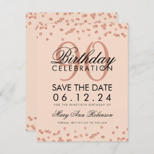Invitación Rosa Gold Rubor 90th Birthday Save Date Confetti
