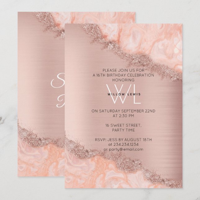 Invitación Rosa Gold Rubor Agate rosado Geode Purpurina Sweet (Anverso / Reverso)