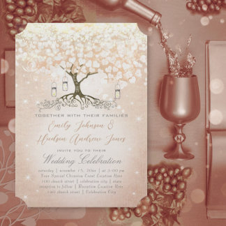 Invitación Rosa Gold Rubor Boda de árbol de hojas de corazón