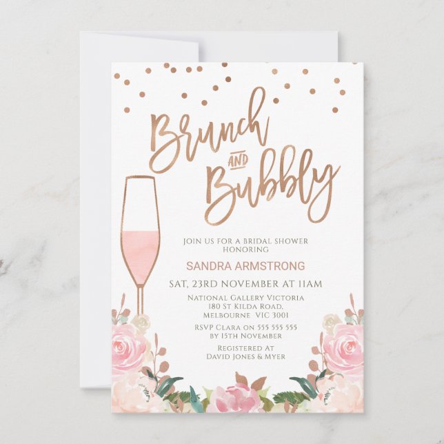 Invitación Rosa Gold Rubor Brunch Bubbly Bridal Shower (Anverso)