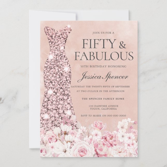 Invitación Rosa Gold Rubor Floral rosa Fabuloso 50 cumpleaños (Anverso)