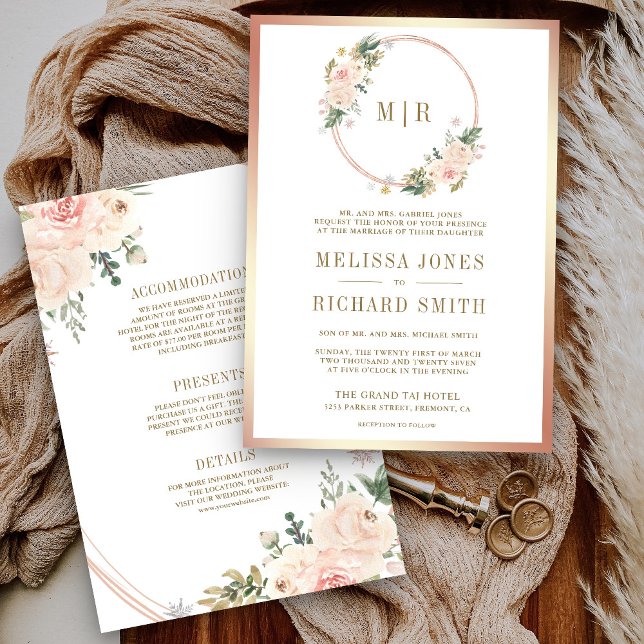 Invitación Rosa Gold Rubor Floral rosa todo en un Boda (Subido por el creador)