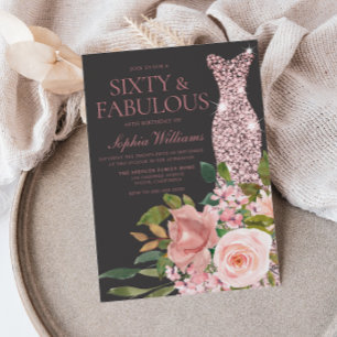 Invitación Rosa Gold Rubor Flores rosas 60 cumpleaños