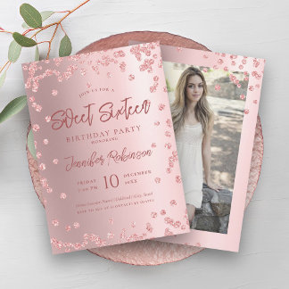 Invitación Rosa Gold Rubor Moda Purpurina Foto Dulce 16