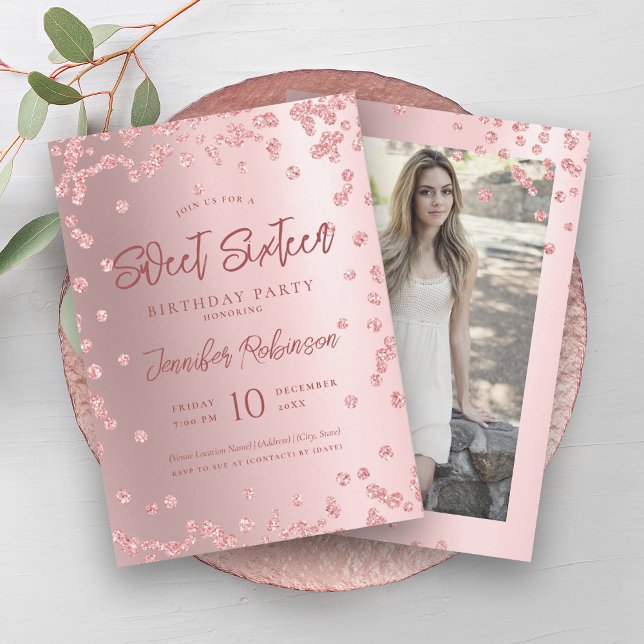 Invitación Rosa Gold Rubor Moda Purpurina Foto Dulce 16 (Rose Gold Blush Chic Glitter Photo Sweet 16 Invitation)