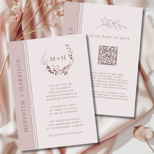 Invitación Rosa Gold Rubor Monograma QR Boda de código (Rose Gold Blush Monogram Wreath All in One QR Code Wedding Invitation)