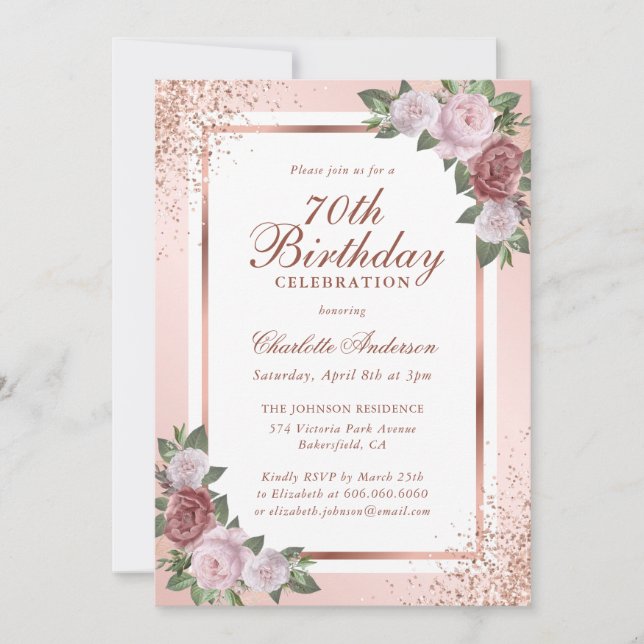 Invitación Rosa Gold Rubor Pink Confetti Floral 70º cumpleaño (Anverso)