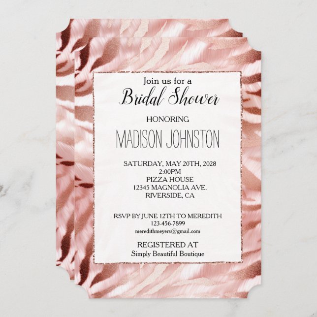 Invitación Rosa Gold Rubor Pink Zebra (Anverso / Reverso)