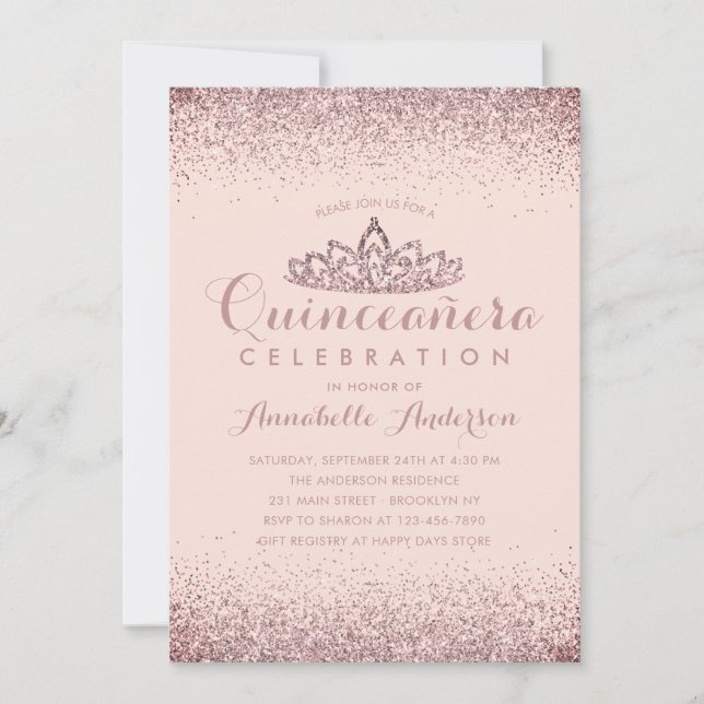 Invitación Rosa Gold Rubor Quinceañera Gold Tiara Purpurina (Anverso)