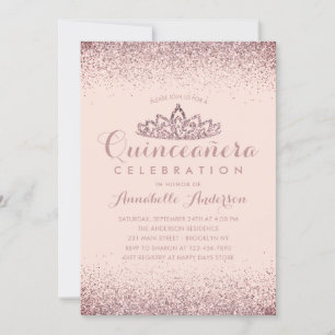 Invitación Rosa Gold Rubor Quinceañera Gold Tiara Purpurina