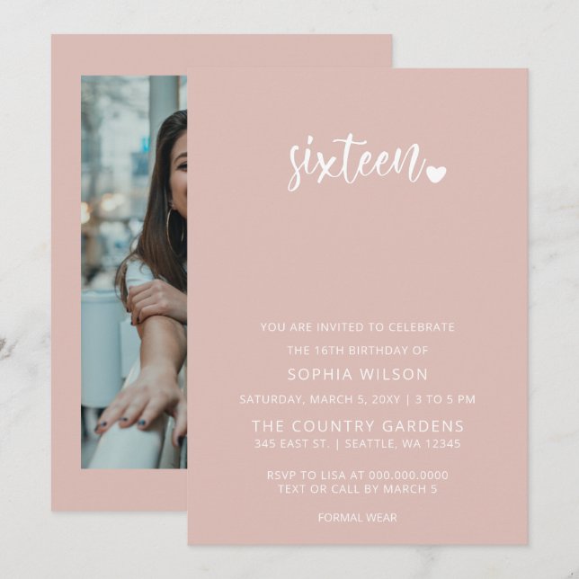 Invitación Rosa Gold Rubor Script Sweet 16 Birthday Photo (Anverso / Reverso)