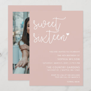 Invitación Rosa Gold Rubor Script Sweet 16 Birthday Photo Inv