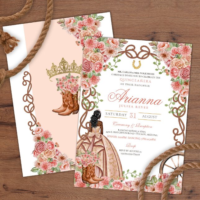 Invitación Rosa Gold Rubor Western Charra Rustic Quinceañera (Subido por el creador)