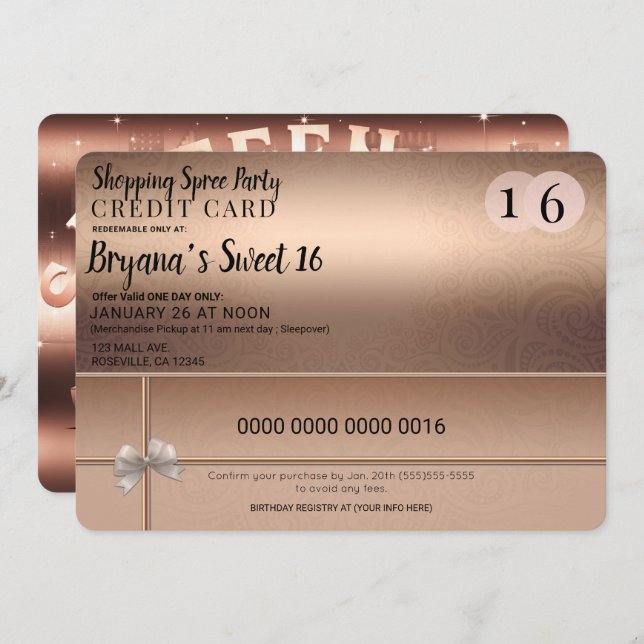 Invitación Rosa Gold Shopping Spree City Limo Sweet 16 Fiesta (Anverso / Reverso)