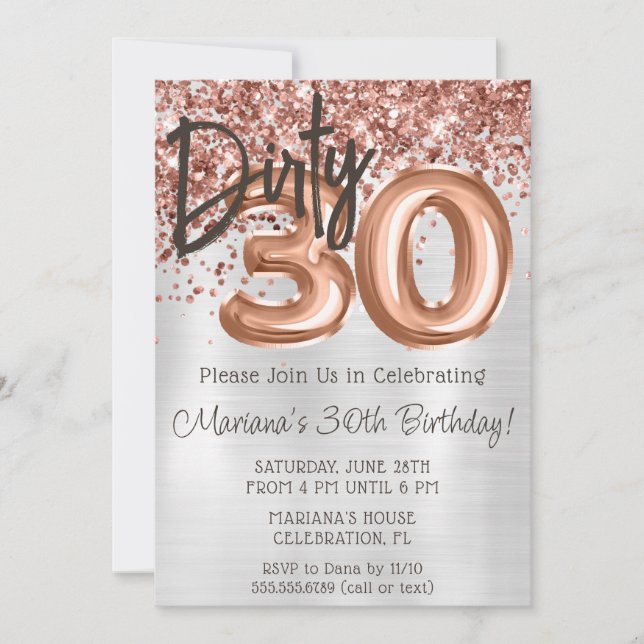 Invitación Rosa Gold Silver Dirty 30 Treinta cumpleaños (Anverso)