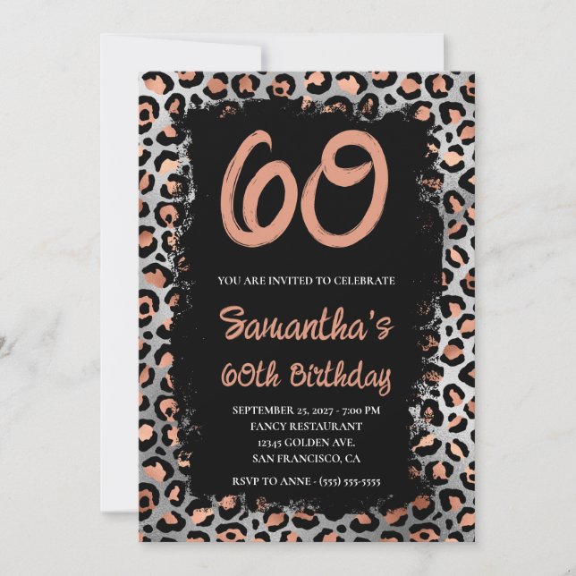Invitación Rosa Gold Silver Leopard Black Paint 60th Birthday (Anverso)
