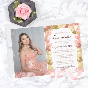 Invitación Rosa Gold Sparkle Photo Quinceañera Balloon