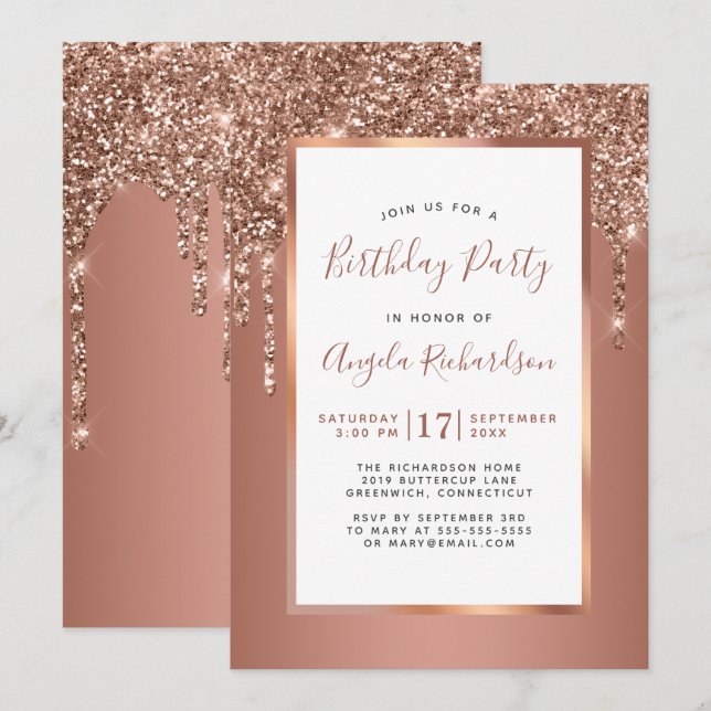 Invitación Rosa Gold Sparkle Purpurina Dris Fiesta de cumplea (Anverso / Reverso)