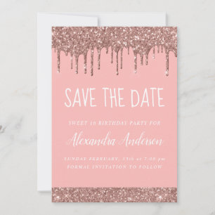 Invitación Rosa Gold Sparkle Purpurina Sweet 16 Save the Date