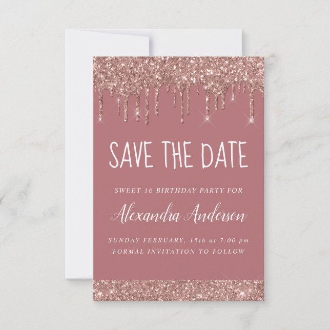 Invitación Rosa Gold Sparkle Purpurina Sweet 16 Save the Date (Anverso)