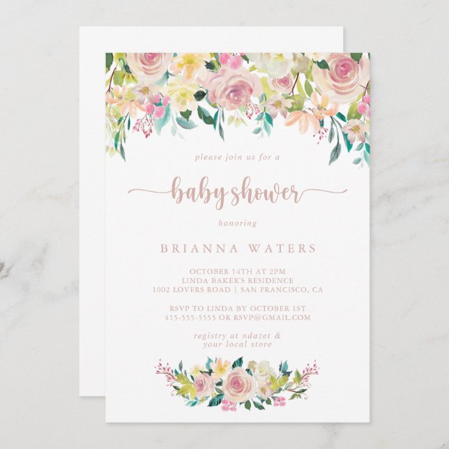 Invitación Rosa Gold Spring Floral Baby Shower (Anverso / Reverso)