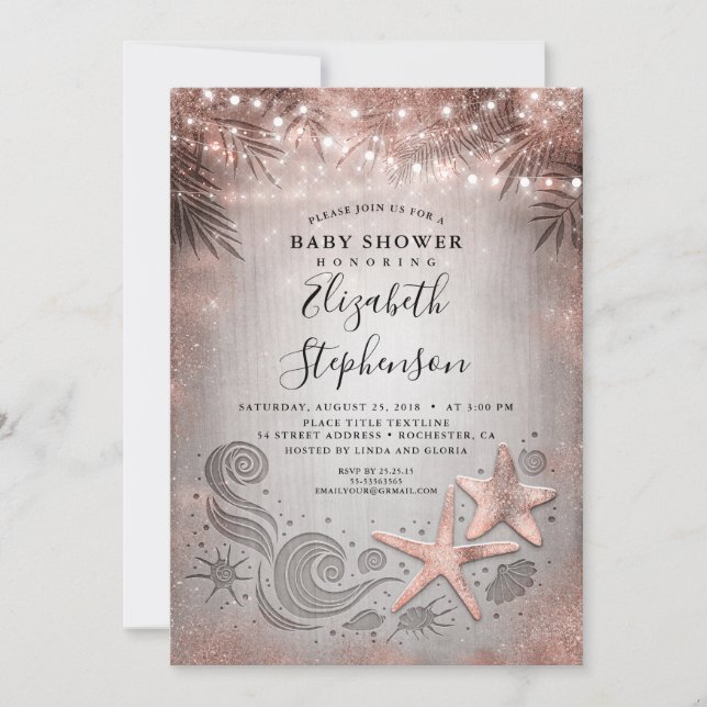 Invitación Rosa Gold Starfish Beach Lights Baby Shower (Anverso)
