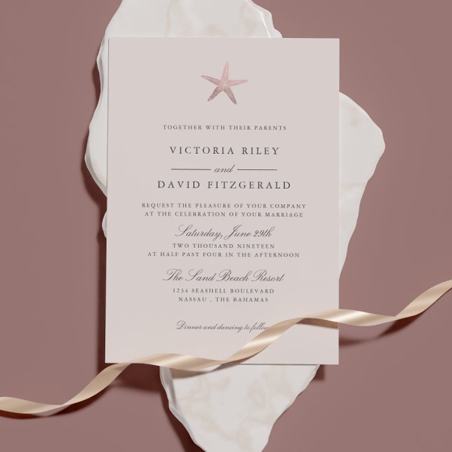 Invitación Rosa Gold Starfish Elegante Boda en Ocean Beach (Subido por el creador)