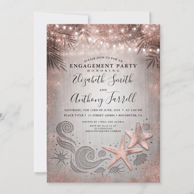 Invitación Rosa Gold Starfish | Palms Beach Engagement Party (Anverso)