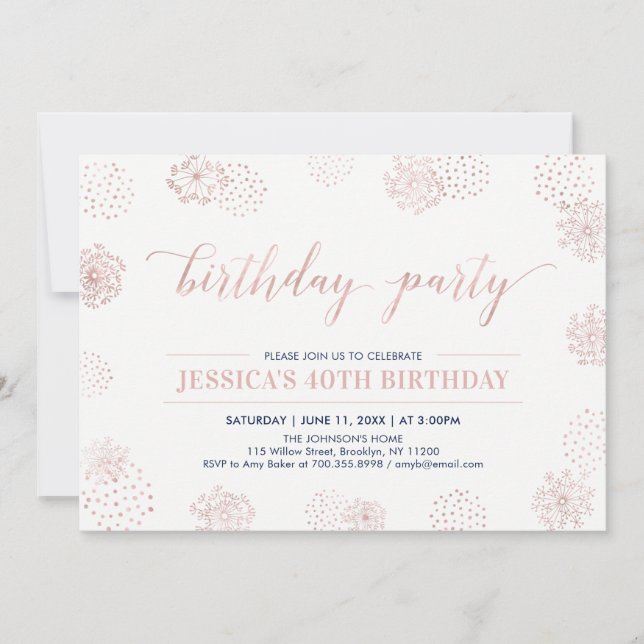 Invitación Rosa Gold Stylish Modern 40th, 50th Birthday Party (Anverso)