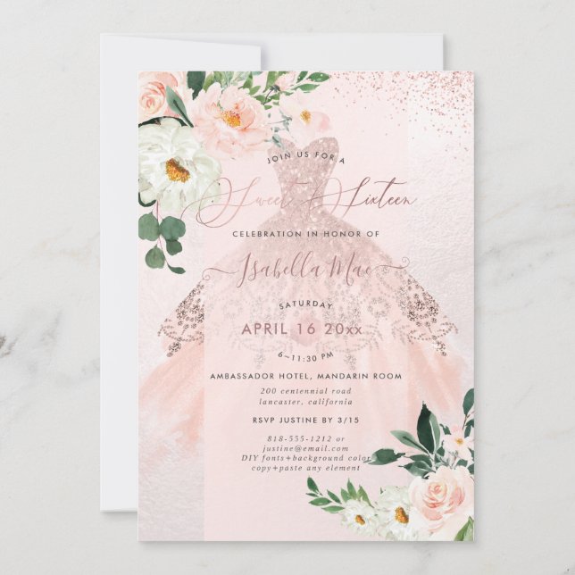 Invitación Rosa Gold Sweet Dieciséis Flores acuáticas Rubor (Reverso)