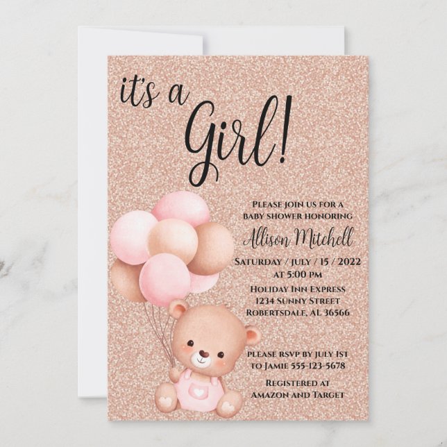 Invitación Rosa Gold Teddy Bear Baby Shower (Anverso)