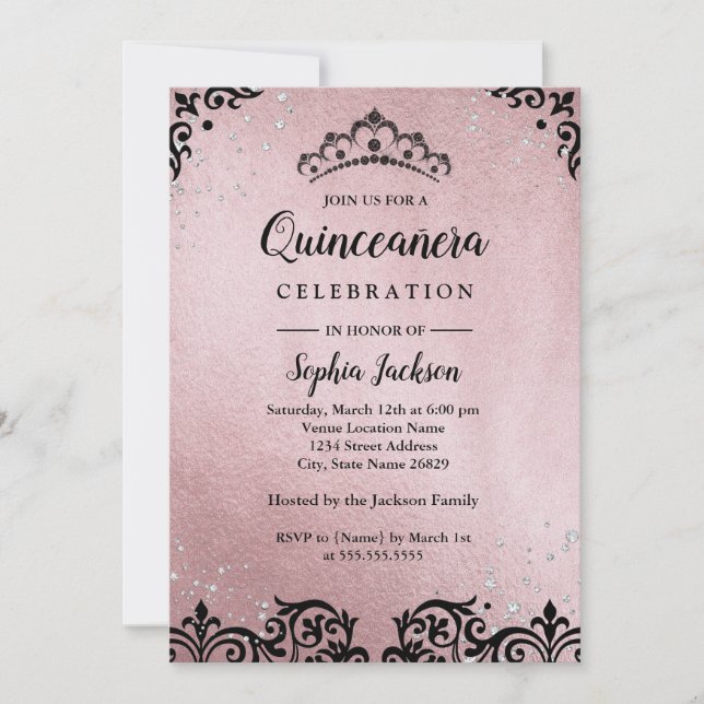 Invitación Rosa Gold Tiara Damask Quinceanera (Anverso)