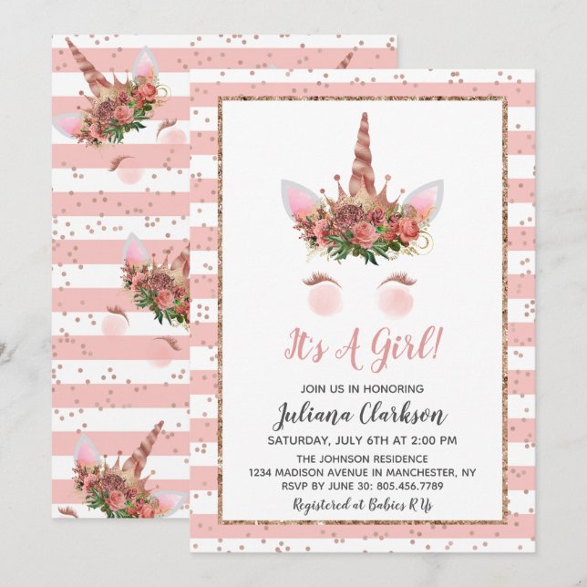 Invitación Rosa Gold Unicorn Princesa Baby Shower (Anverso / Reverso)